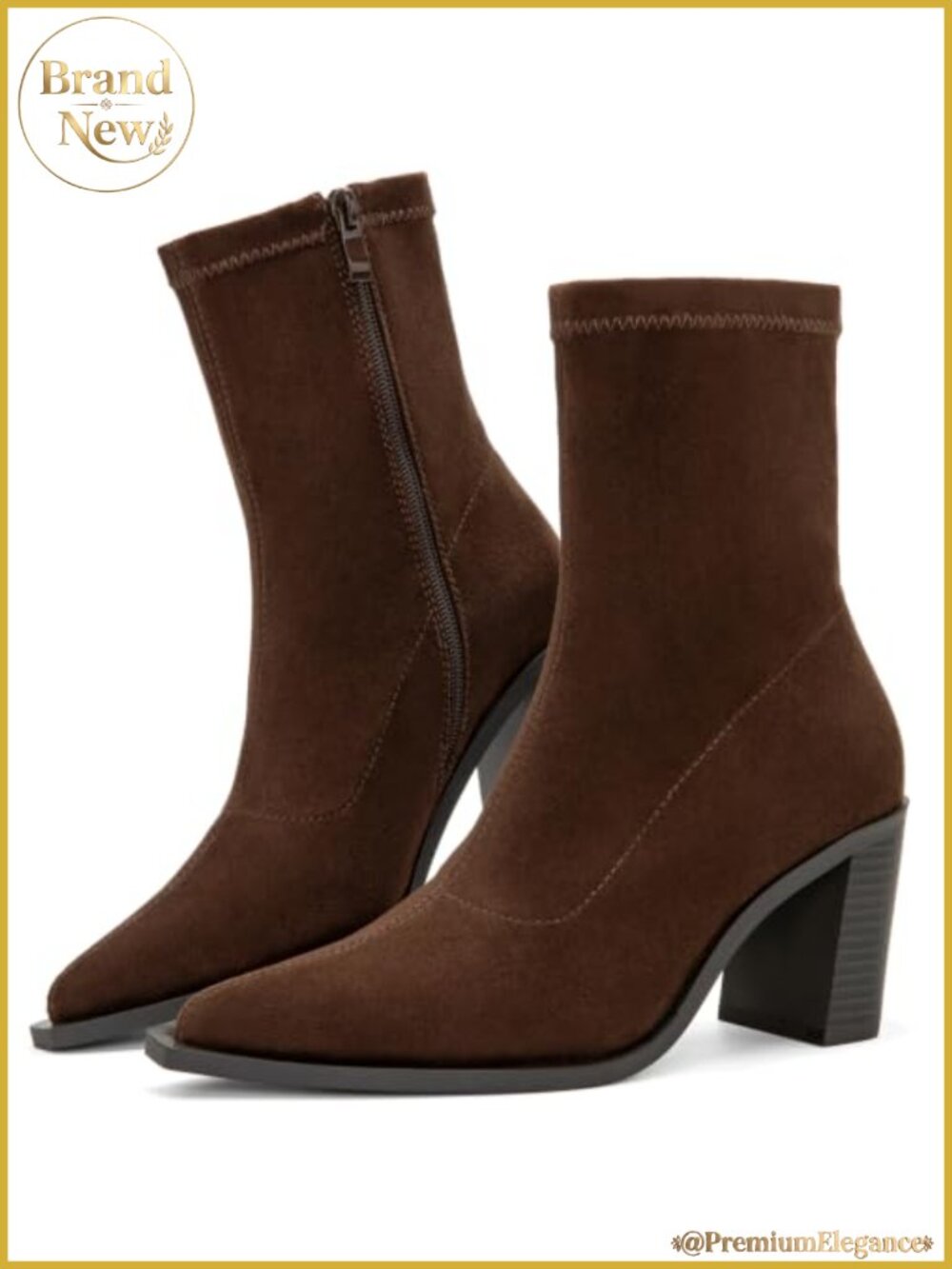 Dressy Pointed Toe Ankle Booties Chunky Block Heel Faux Suede Side Zip